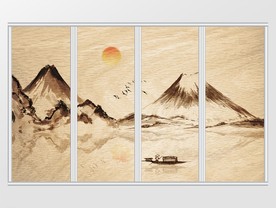 新中式水墨诗意群鸟朝阳渔船移门