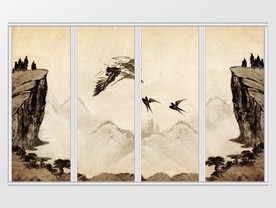 新中式水墨诗意双雀斗鹰移门