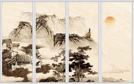 新中式诗意水墨高山远景夕阳移门
