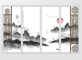 新中式水墨山水小船移门