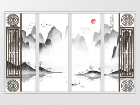 中式意境抽象水墨山水移门