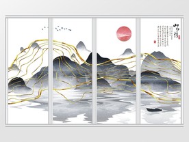 新中式抽象线条水墨山水飞鸟移门
