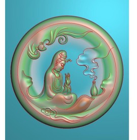 圆形蝙蝠侧身坐观音挂件精雕图