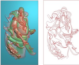 大刀关公龙玉雕挂件精雕图浮雕图