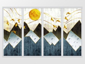 新中式金箔山水飞鸟移门