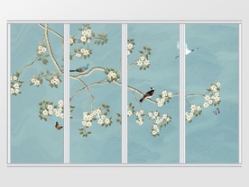 手绘花鸟波纹背景移门