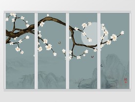 新中式素雅玉兰花鸟移门