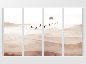 新中式水墨日出高山飞鸟移门