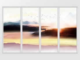 新中式水墨禅意山水画晚霞移门