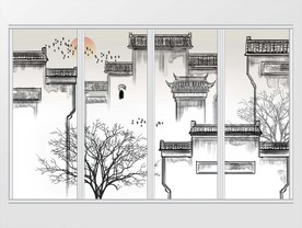 新中式手绘水墨江南徽派建筑移门