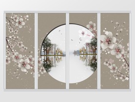 新中式镜面树林风景桃花源移门