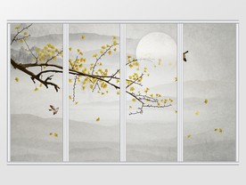 新中式静谧写意银杏花鸟移门