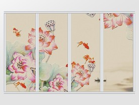 立体水墨游鱼戏荷移门