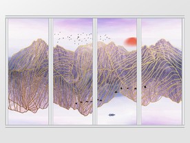 新中式抽象线条山水画移门