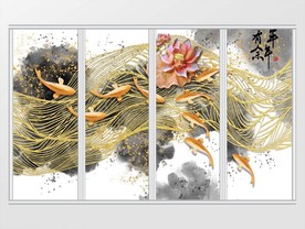 现代金色抽象九鱼图移门