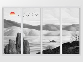 新中式水墨画山水风光移门