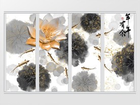 新中式荷花九鱼图年年有余移门