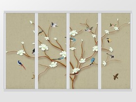 新中式玉兰树浮雕飞鸟移门