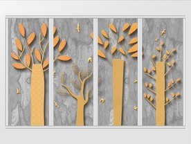 手绘金色树木森林移门