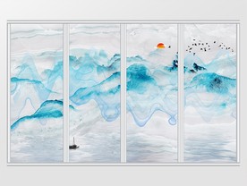 蓝色唯美写意山水移门