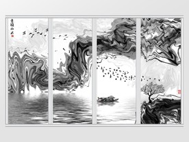 新中式抽象线条写意山水画移门