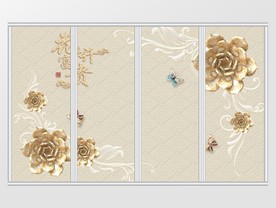 中式高贵金色3d莲花移门