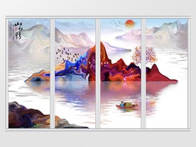 新中式彩色禅意山水画背景移门