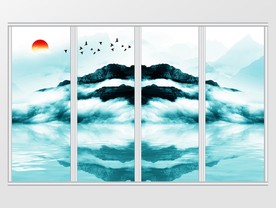 新中式蓝色大气水墨山水移门