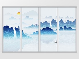创意意境禅意蓝色山河移门