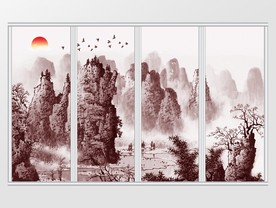 新中式水墨山水飞鸟移门