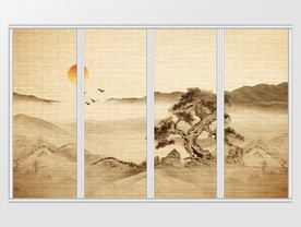 意境飞鸟夕阳太阳远山奇树移门