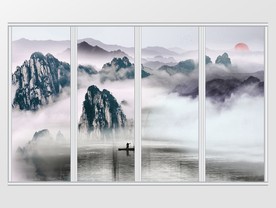 新中式山峦湖水云雾移门