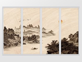 新中式水墨山河小舟夕阳写意移门