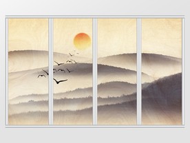 新中式水墨远山群鸟夕阳浓雾移门