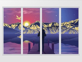 手绘风景雪山日出移门