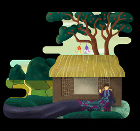 广西壮族草屋门前女孩刺绣手绘