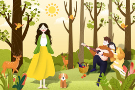 手绘卡通女孩美丽风景插画