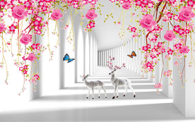 温馨时尚花藤梅花鹿3D电视背景