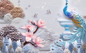 时尚孔雀玉兰花森林浮雕电视背景