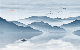 蓝色山水画 大型山水画