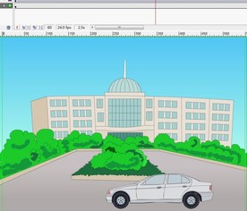 车子在大楼建筑前面走过6秒