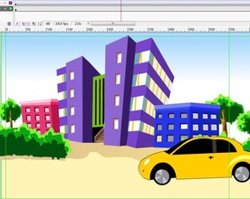 黄色汽车经过紫色建筑7秒