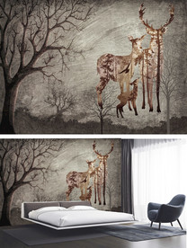 现代怀旧田园麋鹿大树风景背景墙