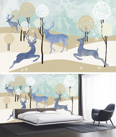 简约手绘森林大树麋鹿电视背景墙