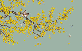 工笔花鸟银杏叶