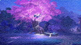 日式樱花夜景油画图