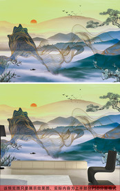 新中式抽象金色线条水彩森林山水