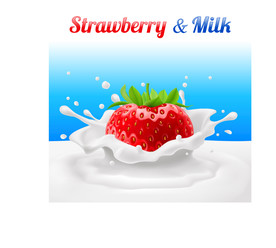 新鲜草莓与牛奶矢量素材