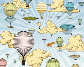 手绘卡通儿童房天空热气球