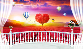3D阳台唯美心型树热气球背景墙